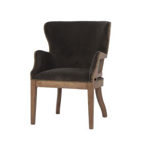 26 Inch Wingback Armchair, Fabric Upholstered, Birch Wood, Black, Brown