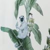18 Inch Ceramic Accent Table, Drum Shape, Tropical Leaves Print, White, Green