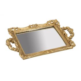 16 Inch Serving Tray, Decorative, Mirrored Bottom, Carved Gold Frame