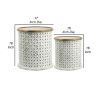 18, 16 Inch Accent Tables, Round, Mango Wood, Floral Cut Out, Brown, White