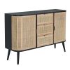 Dana 47 Inch Wood Sideboard Cabinet, 3 Drawers, Rattan Doors, Modern, Black