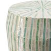 18 Inch Stool Table, Modern, Round Drum Design, Capiz Shells, Blue Finish