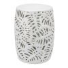 19 Inch Stool Table, Round Drum, Ceramic, Palm Leaf Design, Glossy White