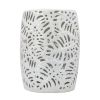 19 Inch Stool Table, Round Drum, Ceramic, Palm Leaf Design, Glossy White