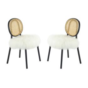 Ada 24 Inch Dining Chair, Cane Rattan Back, Fur Seat, Set of 2, Black