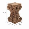 19 Inch Classic Stool Table, Carved Pillar Accent, Wood, Antique Brown