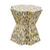 18 Inch Modern Capiz Accent Table Stool, Yellow, Blue Mosaic Pattern