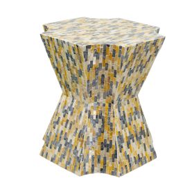 18 Inch Modern Capiz Accent Table Stool, Yellow, Blue Mosaic Pattern
