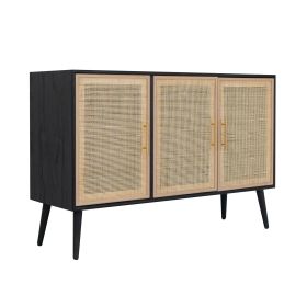 Dana 47 Inch TV Media Entertainment Center, Pine Wood, Rattan Doors, Black