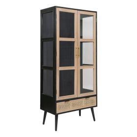 Dana 63 Inch Tall Cabinet, 2 Glass Doors, 1 Drawer, Pine Wood, Black