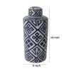 14 Inch Lidded Jar, Geometric Pattern, Cylindrical Blue and White Porcelain