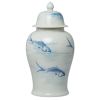 19 Inch Ginger Jar, Lidded, Painted Blue Koi Fish Over White Porcelain