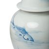 19 Inch Ginger Jar, Lidded, Painted Blue Koi Fish Over White Porcelain