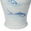 19 Inch Ginger Jar, Lidded, Painted Blue Koi Fish Over White Porcelain