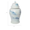 19 Inch Ginger Jar, Lidded, Painted Blue Koi Fish Over White Porcelain