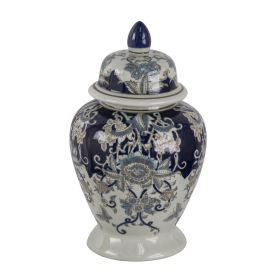 17 Inch Porcelain Ginger Jar with Lid, Vintage Blue and White Flower Design