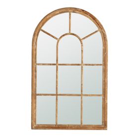 54 Inch Wall Mirror with Window Pane Design, Fir Wood, Distressed Brown