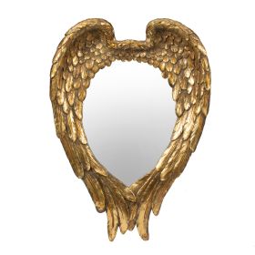 16 Inch Vintage Wall Mirror, Antique Gold Resin Frame, Heart Shaped Wings