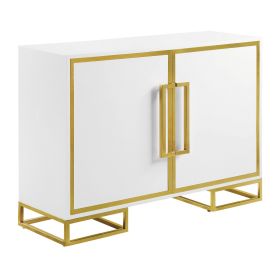 48 Inch Wood Accent Cabinet with 2 Doors and Square Open Base, White, Gold