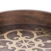 18 Inch Round Decorative Tray, Brass Inlaid Design and Brown Wood Frame