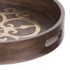 18 Inch Round Decorative Tray, Brass Inlaid Design and Brown Wood Frame