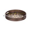 18 Inch Round Decorative Tray, Brass Inlaid Design and Brown Wood Frame