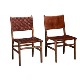 34 Inch Set of 2 Wood Dining Chairs, Leather Woven Back and Seat, Brown