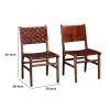 34 Inch Set of 2 Wood Dining Chairs, Leather Woven Back and Seat, Brown