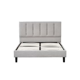 Heli Queen Bed, Gray Linen Upholstered Frame, Vertical Tufted Headboard