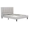 Heli Queen Bed, Gray Linen Upholstered Frame, Vertical Tufted Headboard