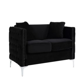 Zion 53 Inch Accent Loveseat, Handmade Nailhead Trim, Tufted, Black Velvet