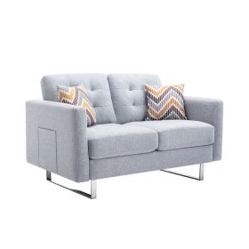Caden 54 Inch Modern Loveseat with Side Pocket and 2 Pillows, Light Gray