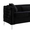 Joel 73 Inch Modern Sofa with 3 Pillows, Tufted Black Velvet, Silver Legs