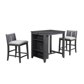 Hia 3 Piece Counter Table Set, Cushioned Seats, 2 Shelves, Smooth Gray