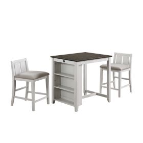 Hia 3 Piece Counter Table Set, Cushioned Seats, 2 Shelves, Crisp White