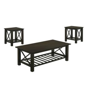 Viki 3 Piece Brown Coffee and End Table Set, Cross Bars, Slatted Open Shelf