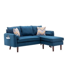 Ranon 70 Inch Sectional Chaise Sofa, Pillows, USB Ports, Side Pockets, Blue
