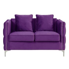 Zion 53 Inch Modern Loveseat, Button Tufted Purple Velvet, Nailhead Trim