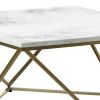 36 Inch Modern Square Coffee Table, White Faux Marble Top, Slender Gold Base