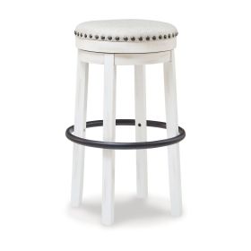 Zane 30 Inch Backless Swivel Barstool, Round White Seat, White Wood Frame
