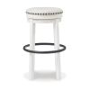 Zane 30 Inch Backless Swivel Barstool, Round White Seat, White Wood Frame