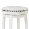 Zane 30 Inch Backless Swivel Barstool, Round White Seat, White Wood Frame