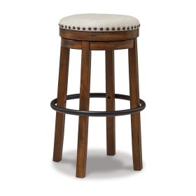 Zane 30 Inch Backless Swivel Barstool, Round Beige Seat, Brown Wood Frame