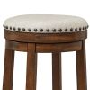 Zane 30 Inch Backless Swivel Barstool, Round Beige Seat, Brown Wood Frame