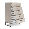 Zed 51 Inch 5 Drawer Chest, Natural Beige Wood Frame, Black Metal Base