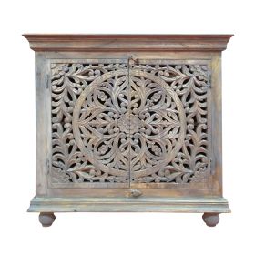 17 Inch Cabinet with 2 Doors and Filigree Cutout Front, Brown