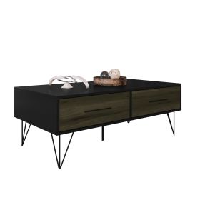 2 Removable Drawer Wooden Coffee Table With Hairpin Legs, Black and Brown