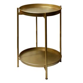 20 Inch High Round Side End Table with 2 Tier Iron Frame, Matte Gold