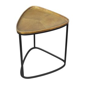 19 Inch Aluminum Side End Table, Iron Frame, Guitar Pick Shaped Top, Antique Brass, Black