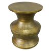 18 Inch Round Accent Side End Table, Turned Pedestal Base, Aluminum, Antique Gold Brass